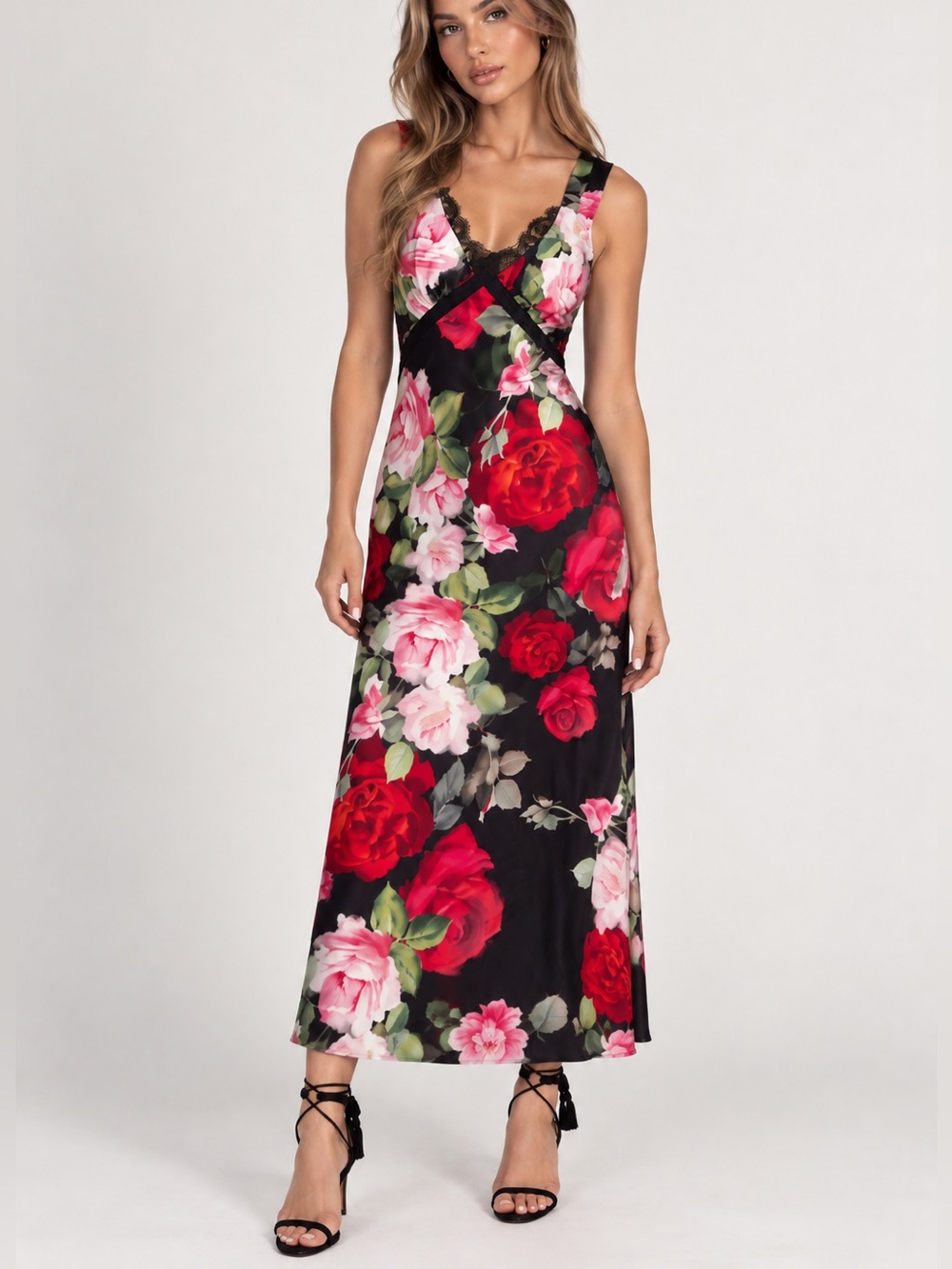 NWT JOHNNY WAS RED & BLACK FLORAL SILK BLEND
SLIP MIDI DRESS